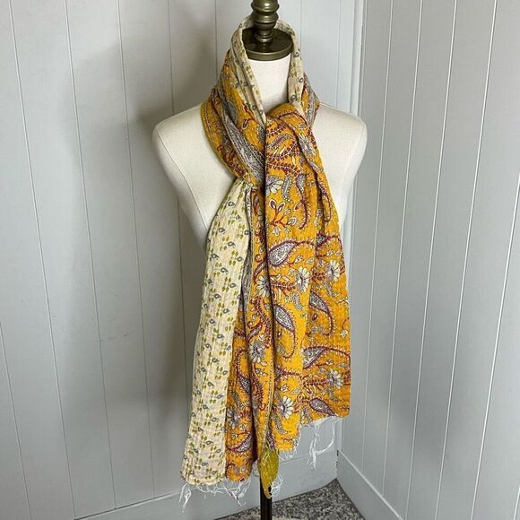 Handmade Reversible Scarf Made From Recycled Saris Gold Green Mixed Media - Picture 3 of 6